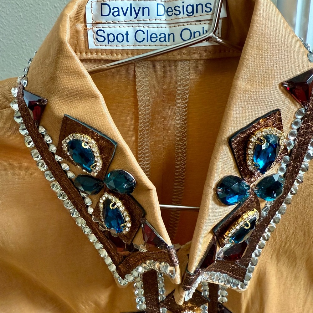 Davlyn Designs Gold and Brown Embellished Reining/Western Riding  Show Shirt - Picture 3 of 10